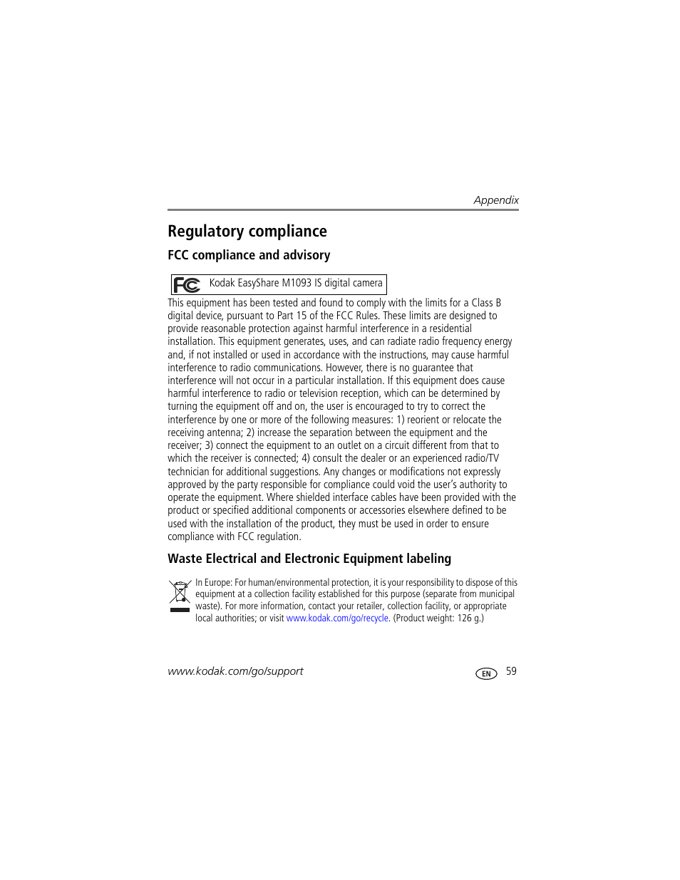 Regulatory compliance, Fcc compliance and advisory, Waste electrical and electronic equipment labeling | Kodak M1093 IS User Manual | Page 65 / 73