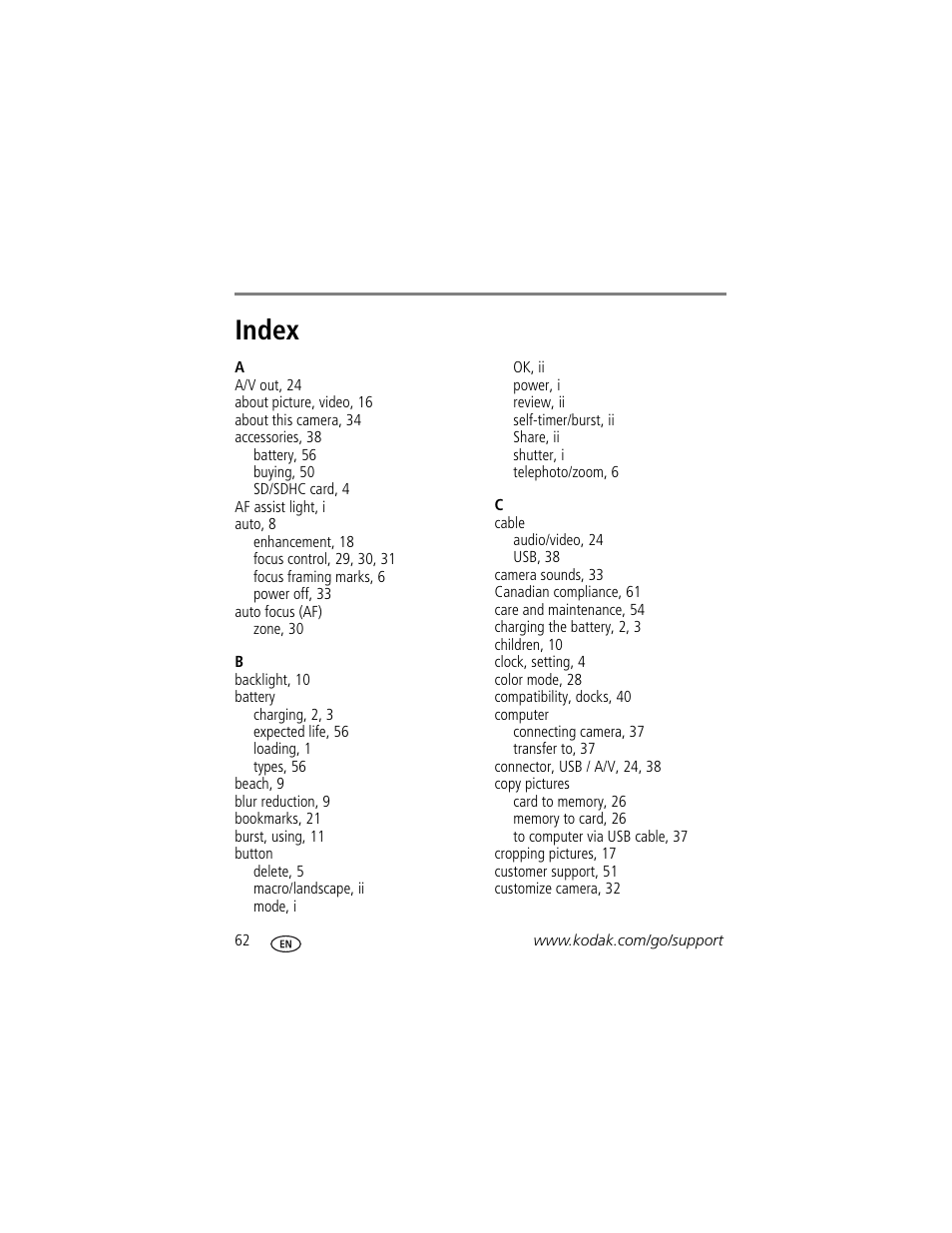 Index | Kodak M1093 IS User Manual | Page 68 / 73