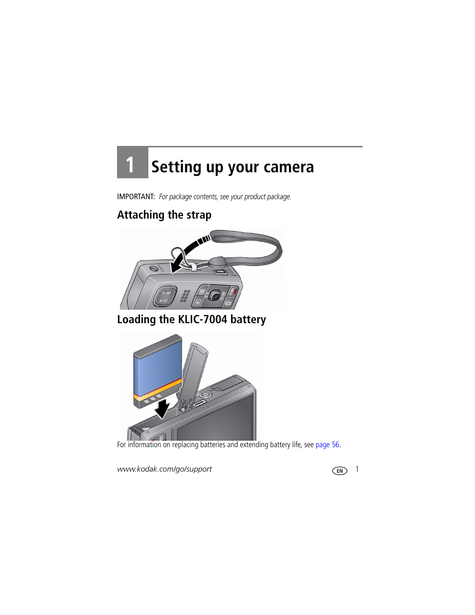 Setting up your camera, Attaching the strap, Loading the klic-7004 battery | 1 setting up your camera, Attaching the strap loading the klic-7004 battery | Kodak M1093 IS User Manual | Page 7 / 73