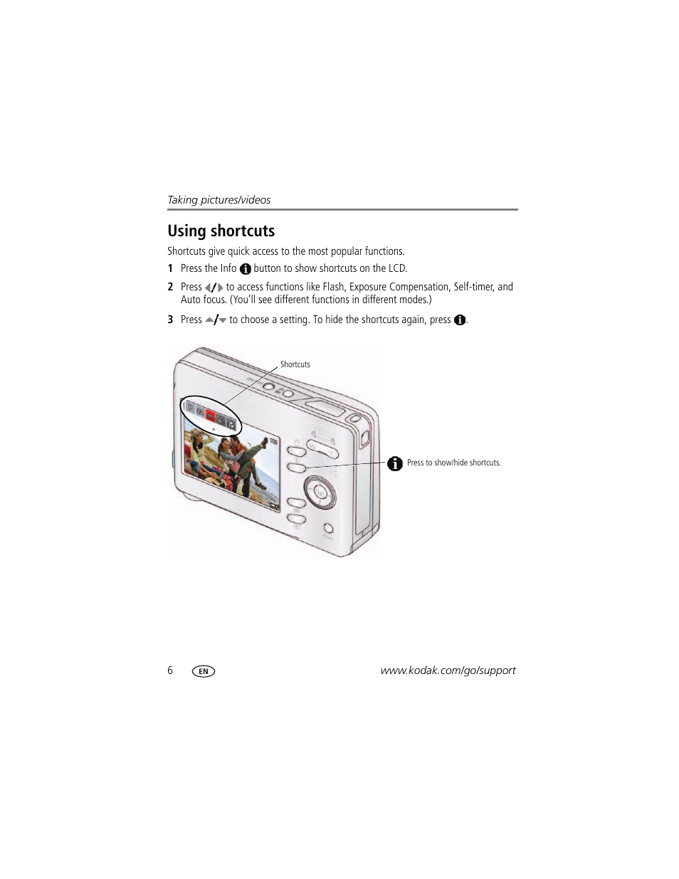 Using shortcuts | Kodak CD14 User Manual | Page 12 / 66