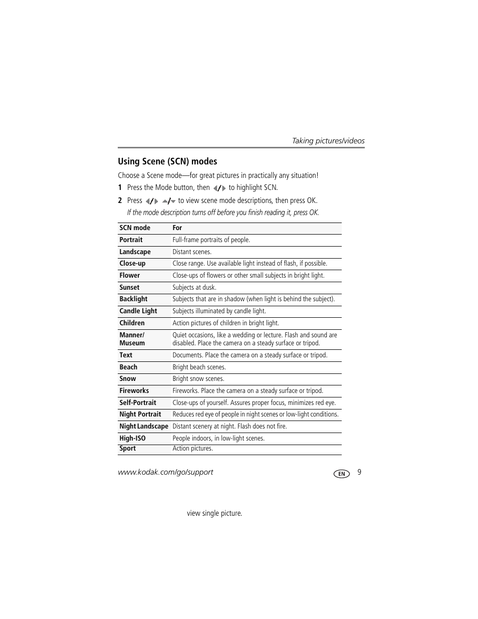 Using scene (scn) modes, Ation. (see | Kodak CD14 User Manual | Page 15 / 66