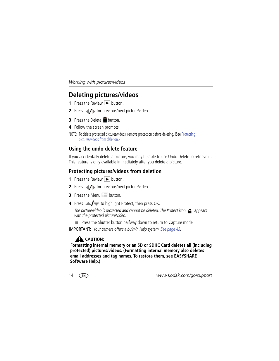 Deleting pictures/videos, Using the undo delete feature, Protecting pictures/videos from deletion | Kodak CD14 User Manual | Page 20 / 66