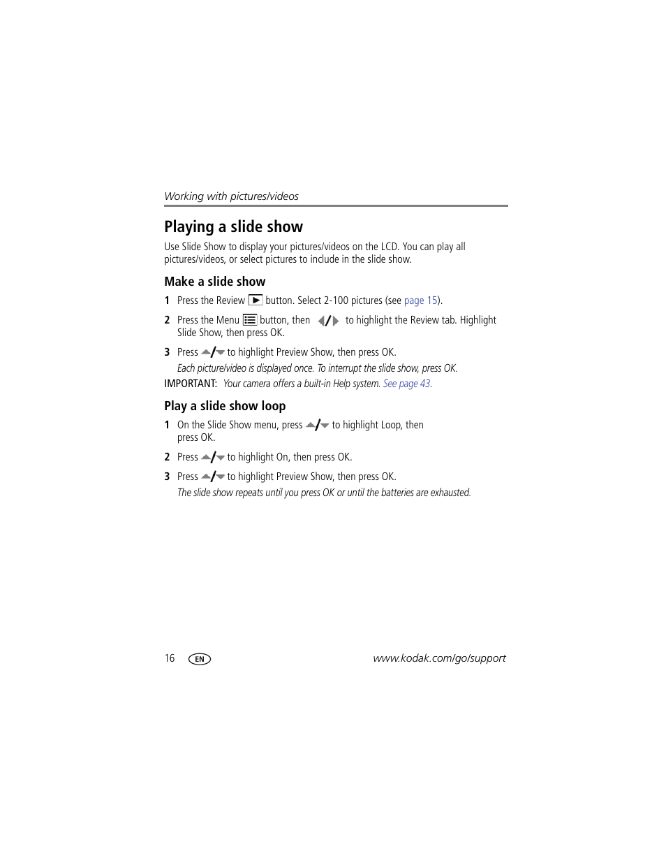Playing a slide show, Make a slide show, Play a slide show loop | Kodak CD14 User Manual | Page 22 / 66