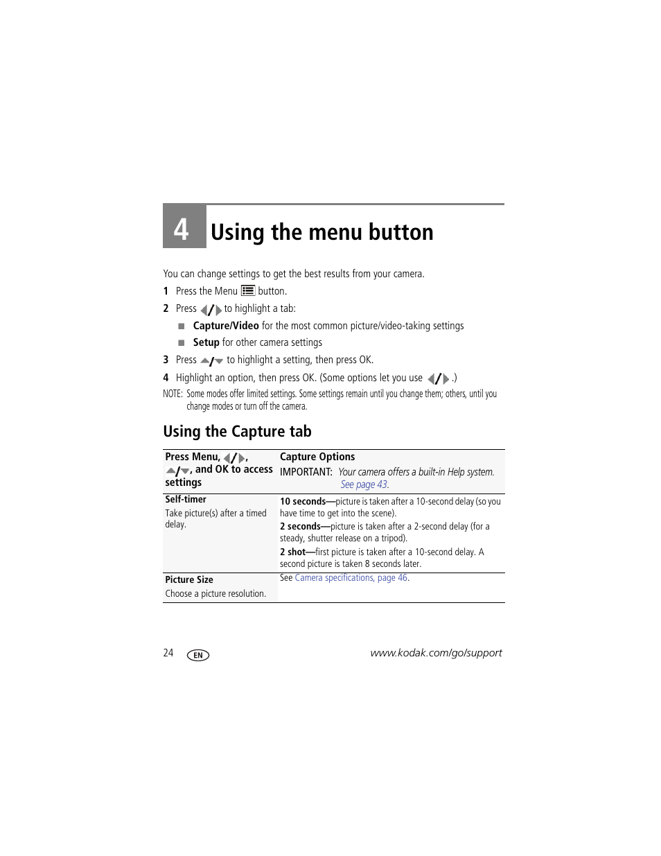 Using the menu button, Using the capture tab, 4 using the menu button | Kodak CD14 User Manual | Page 30 / 66