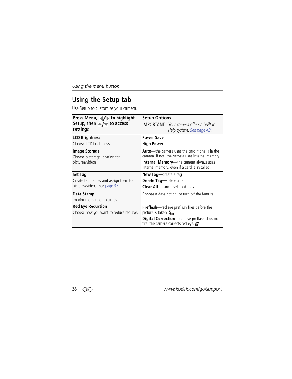 Using the setup tab | Kodak CD14 User Manual | Page 34 / 66