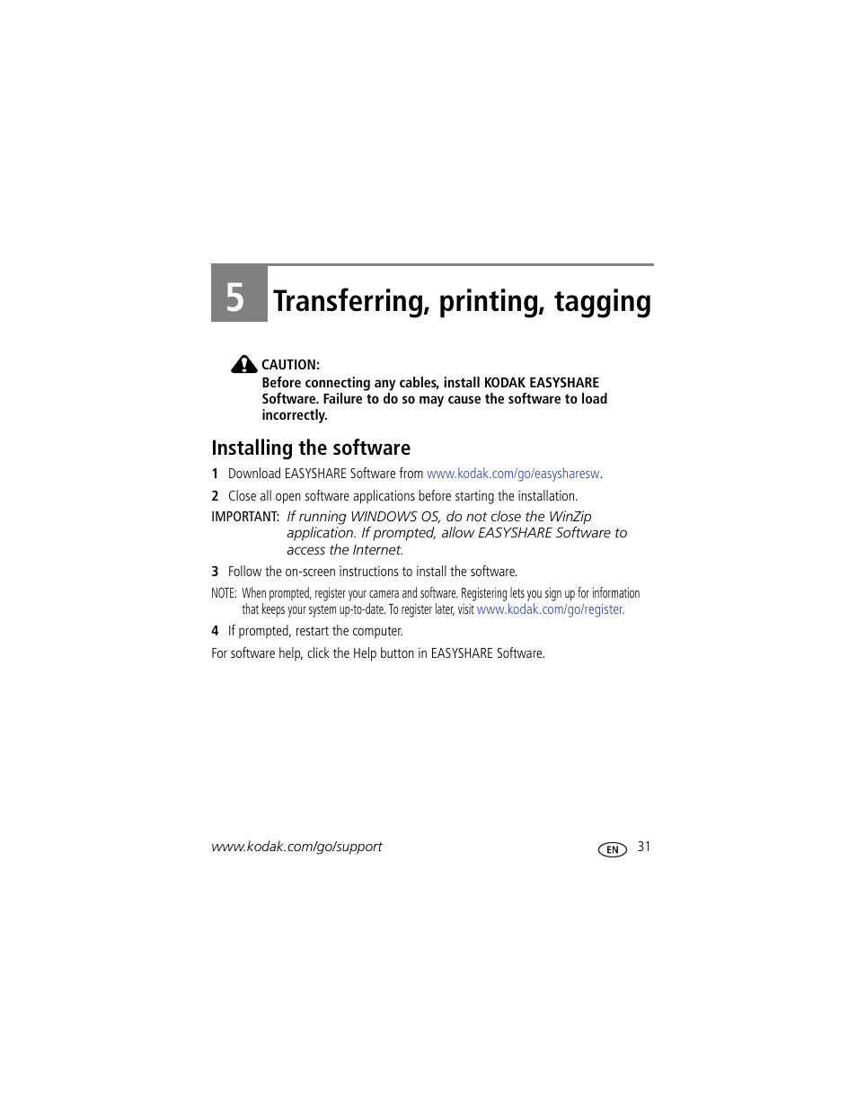 Transferring, printing, tagging, Installing the software, 5 transferring, printing, tagging | Kodak CD14 User Manual | Page 37 / 66