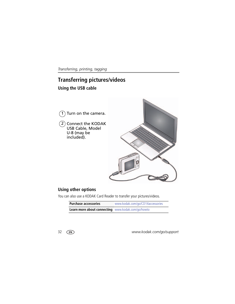 Transferring pictures/videos, Using the usb cable, Using other options | Kodak CD14 User Manual | Page 38 / 66
