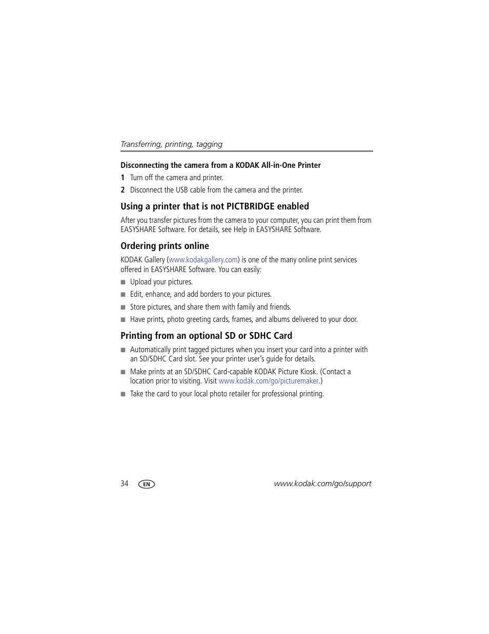 Using a printer that is not pictbridge enabled, Ordering prints online, Printing from an optional sd or sdhc card | Kodak CD14 User Manual | Page 40 / 66