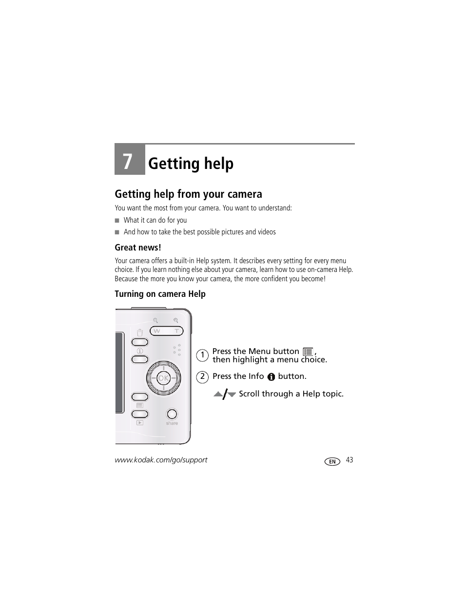 Getting help, Getting help from your camera, Great news | Turning on camera help, 7 getting help, Stem | Kodak CD14 User Manual | Page 49 / 66