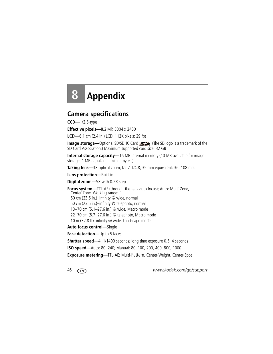 Appendix, Camera specifications, 8 appendix | Kodak CD14 User Manual | Page 52 / 66
