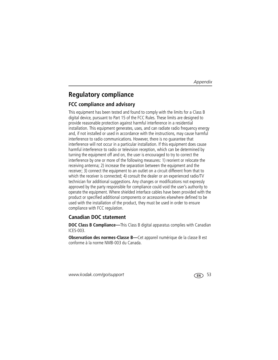 Regulatory compliance, Fcc compliance and advisory, Canadian doc statement | Kodak CD14 User Manual | Page 59 / 66