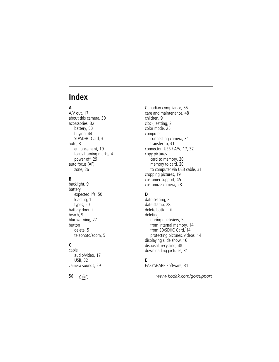 Index | Kodak CD14 User Manual | Page 62 / 66