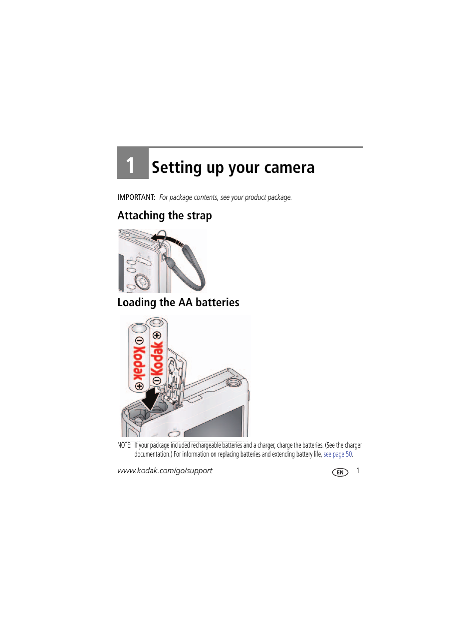 Setting up your camera, Attaching the strap, Loading the aa batteries | 1 setting up your camera, Attaching the strap loading the aa batteries | Kodak CD14 User Manual | Page 7 / 66