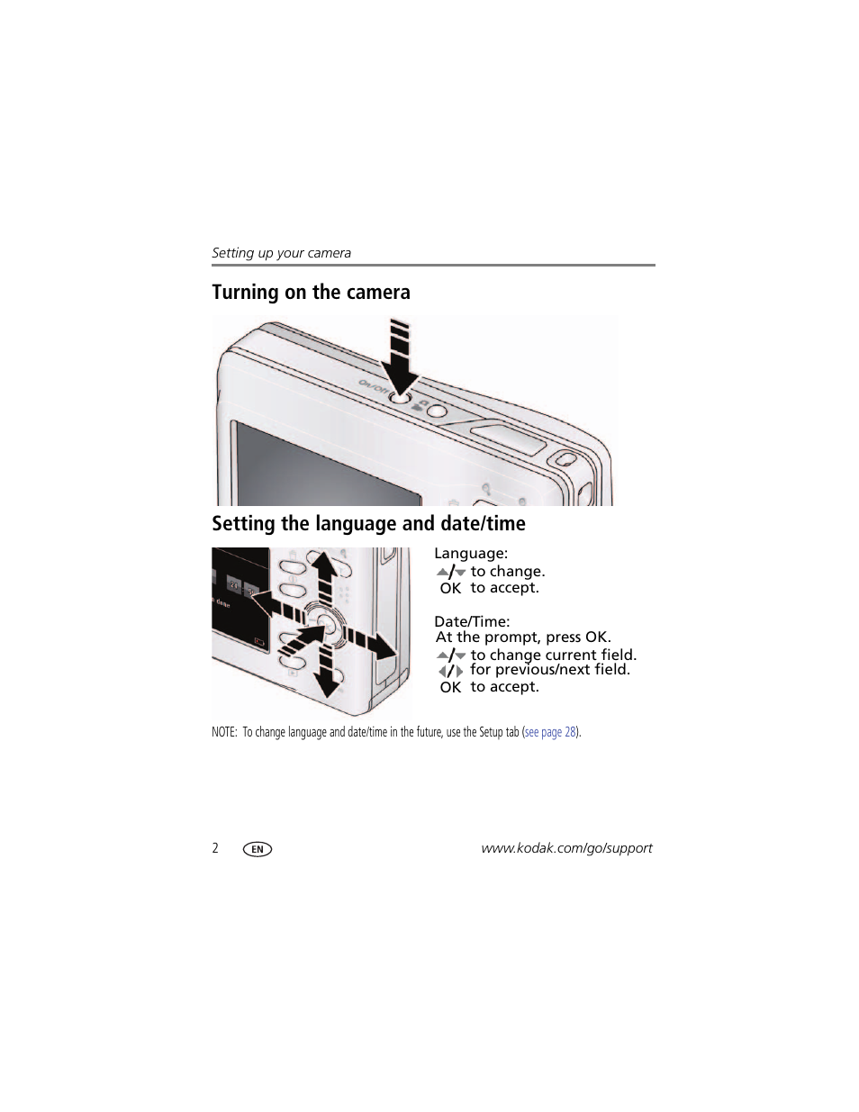 Turning on the camera, Setting the language and date/time | Kodak CD14 User Manual | Page 8 / 66