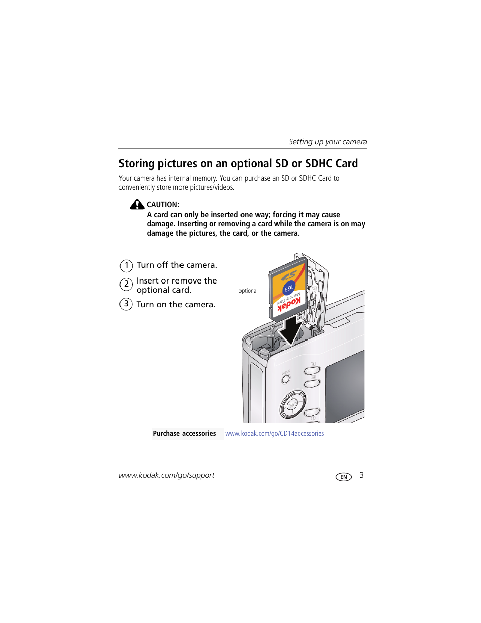 Storing pictures on an optional sd or sdhc card | Kodak CD14 User Manual | Page 9 / 66