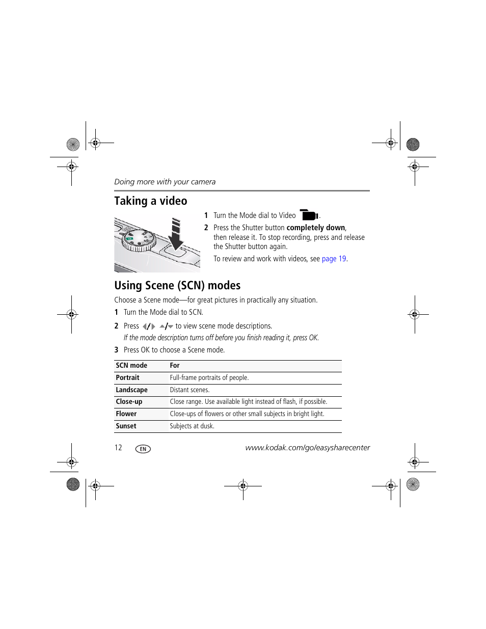 Taking a video, Using scene (scn) modes | Kodak M340 User Manual | Page 12 / 28