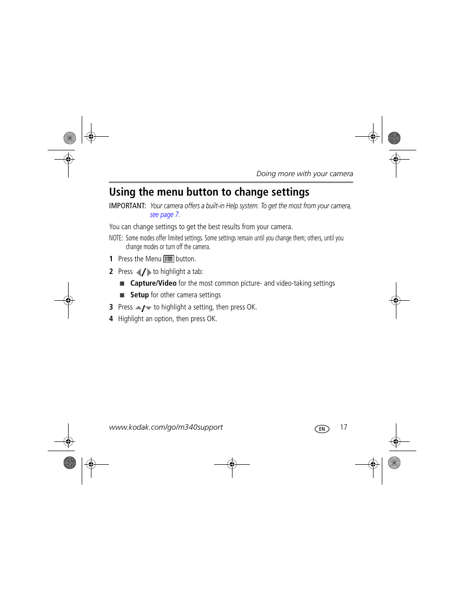 Using the menu button to change settings | Kodak M340 User Manual | Page 17 / 28