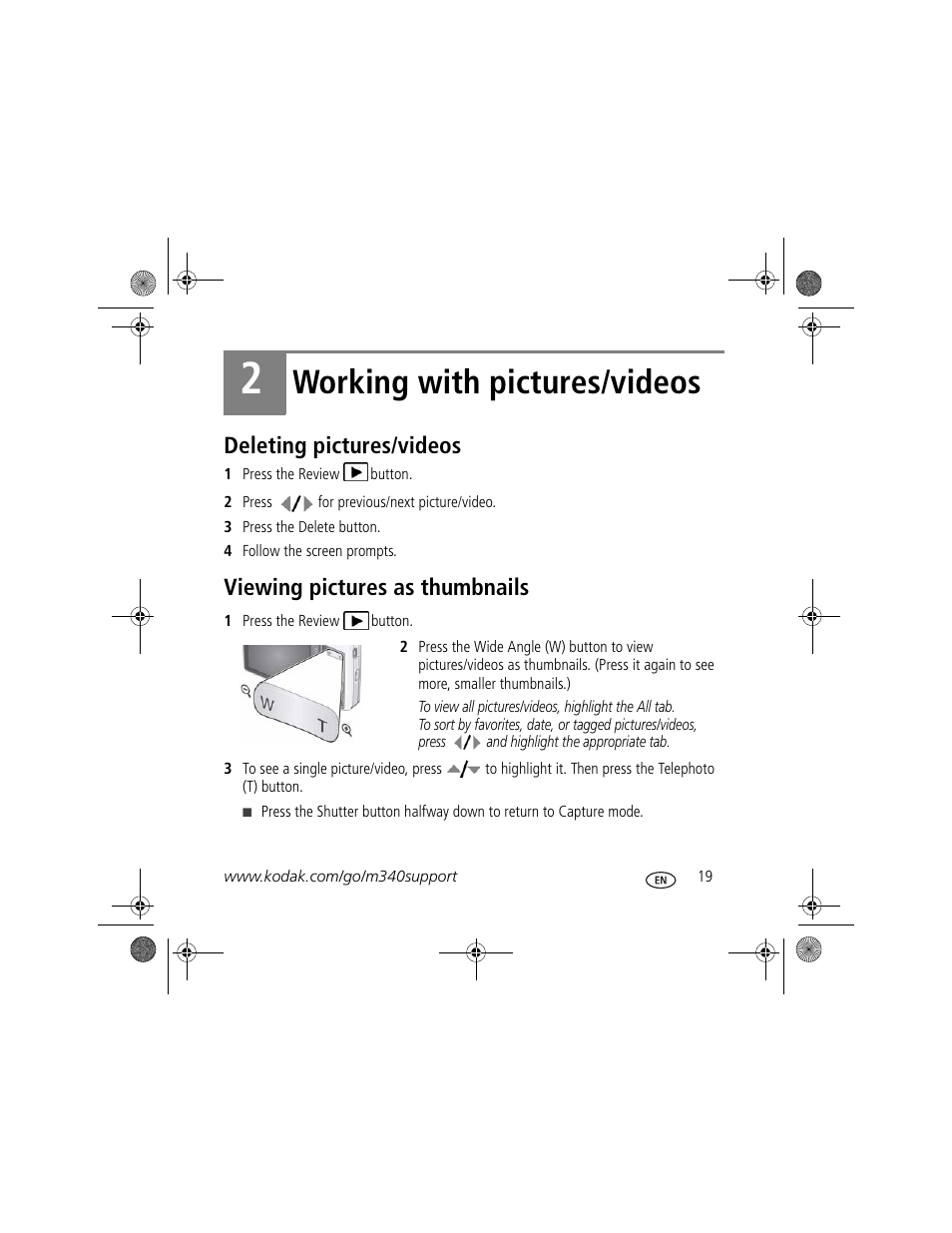 Working with pictures/videos, Deleting pictures/videos, Viewing pictures as thumbnails | Kodak M340 User Manual | Page 19 / 28