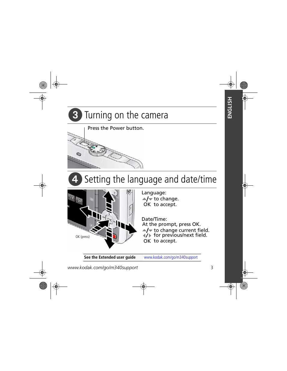 Turning on the camera, Setting the language and date/time | Kodak M340 User Manual | Page 3 / 28