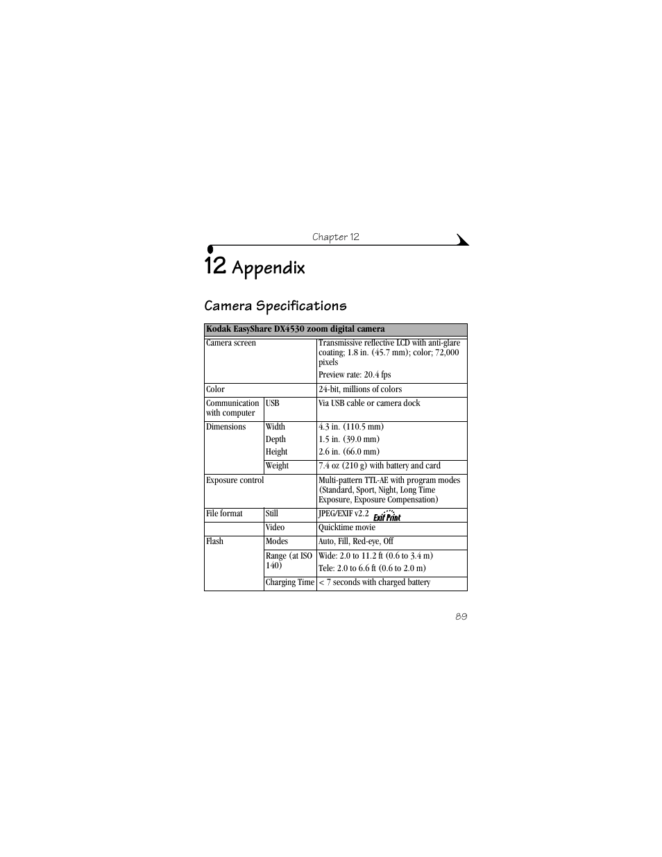 12 appendix, Camera specifications, Appendix | Kodak DX4530 User Manual | Page 101 / 117