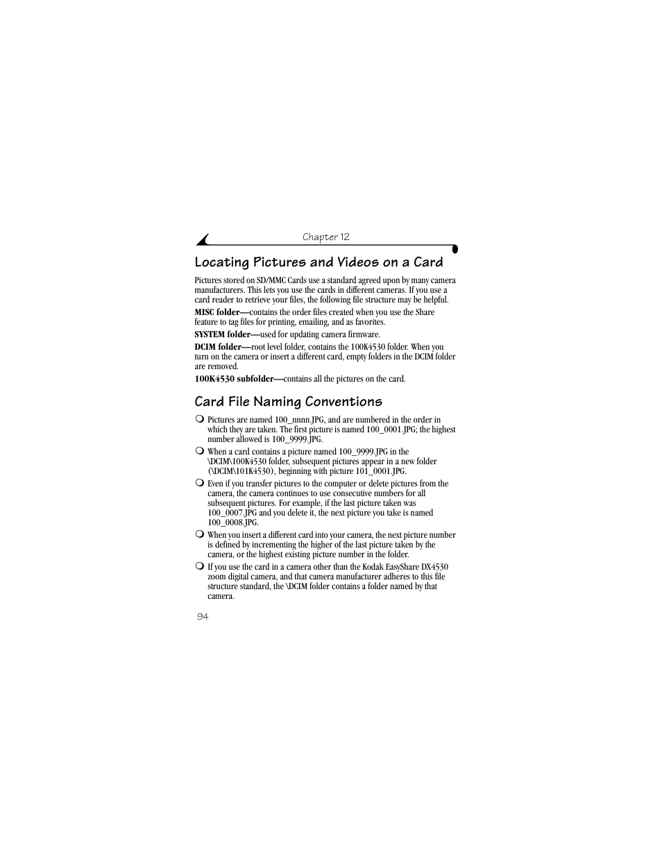 Locating pictures and videos on a card, Card file naming conventions | Kodak DX4530 User Manual | Page 106 / 117
