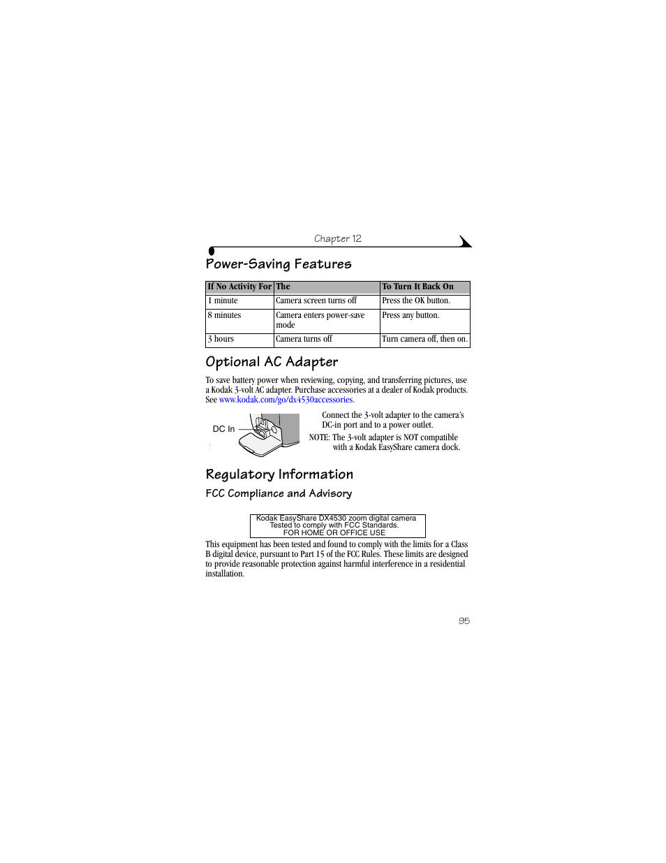 Power-saving features, Optional ac adapter, Regulatory information | Fcc compliance and advisory, Power-saving features optional ac adapter | Kodak DX4530 User Manual | Page 107 / 117