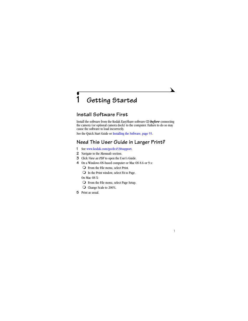 1 getting started, Install software first, Need this user guide in larger print | Getting started | Kodak DX4530 User Manual | Page 13 / 117