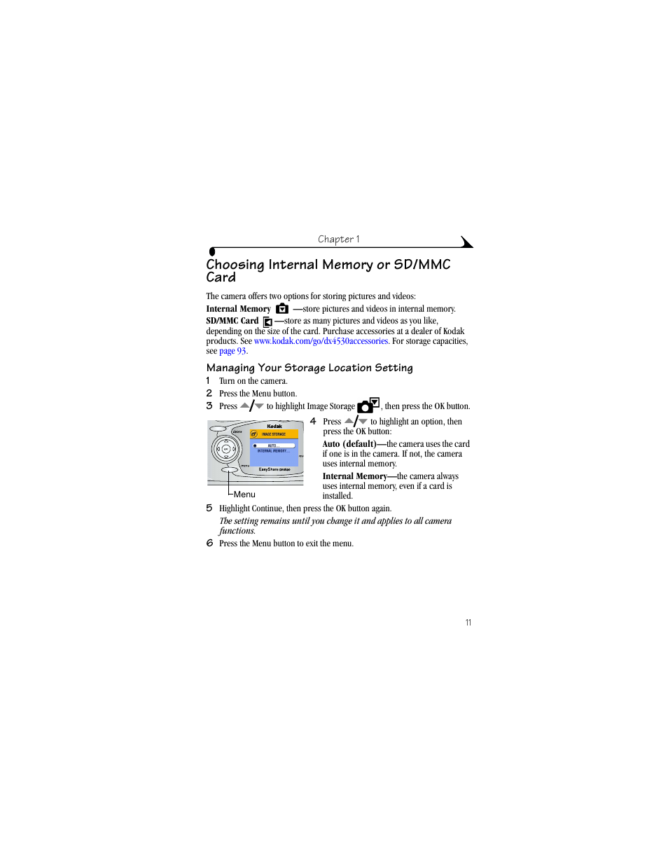 Choosing internal memory or sd/mmc card, Managing your storage location setting | Kodak DX4530 User Manual | Page 23 / 117
