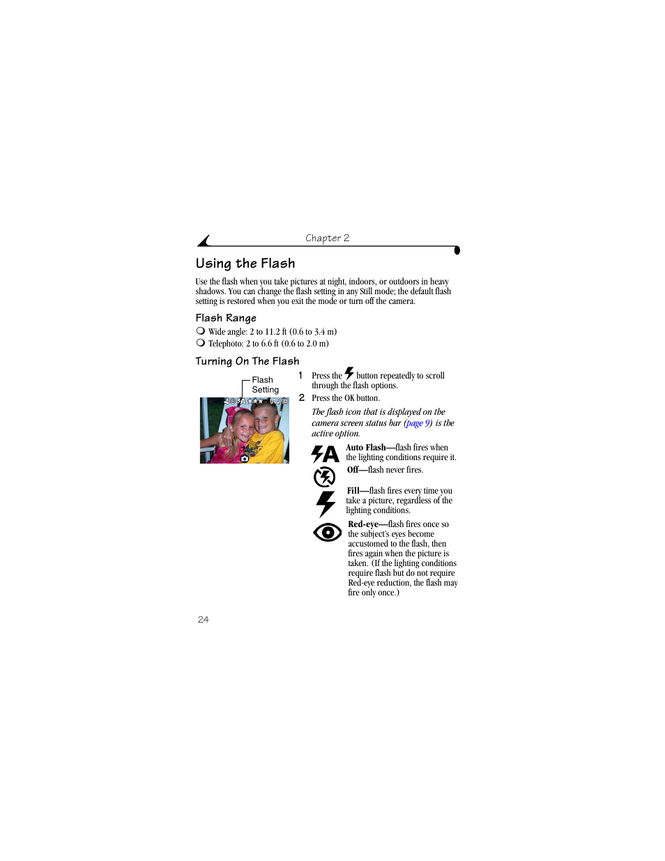 Using the flash, Flash range, Turning on the flash | Kodak DX4530 User Manual | Page 36 / 117