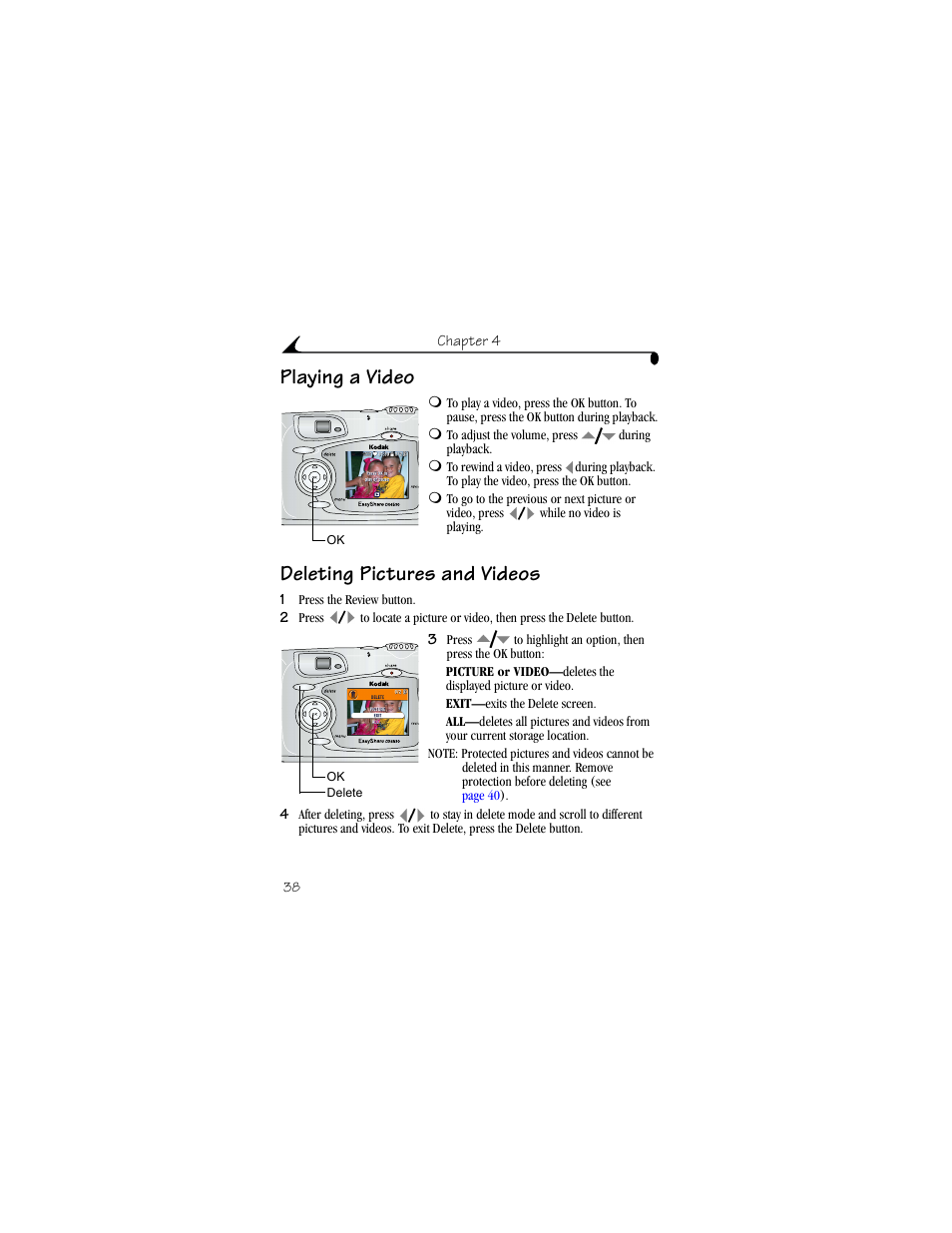 Playing a video, Deleting pictures and videos, Playing a video deleting pictures and videos | Kodak DX4530 User Manual | Page 50 / 117