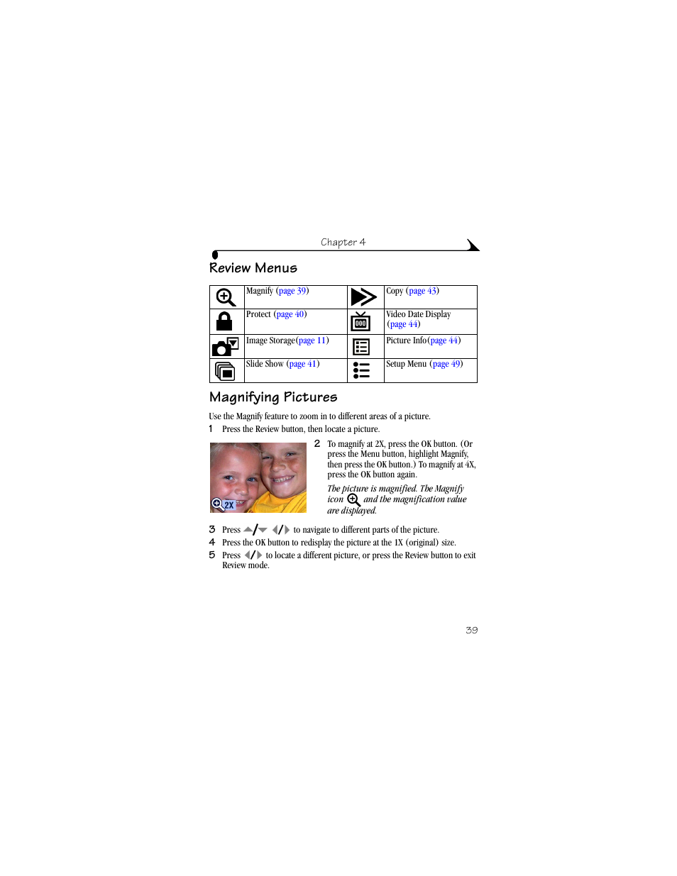 Review menus, Magnifying pictures, Review menus magnifying pictures | Kodak DX4530 User Manual | Page 51 / 117