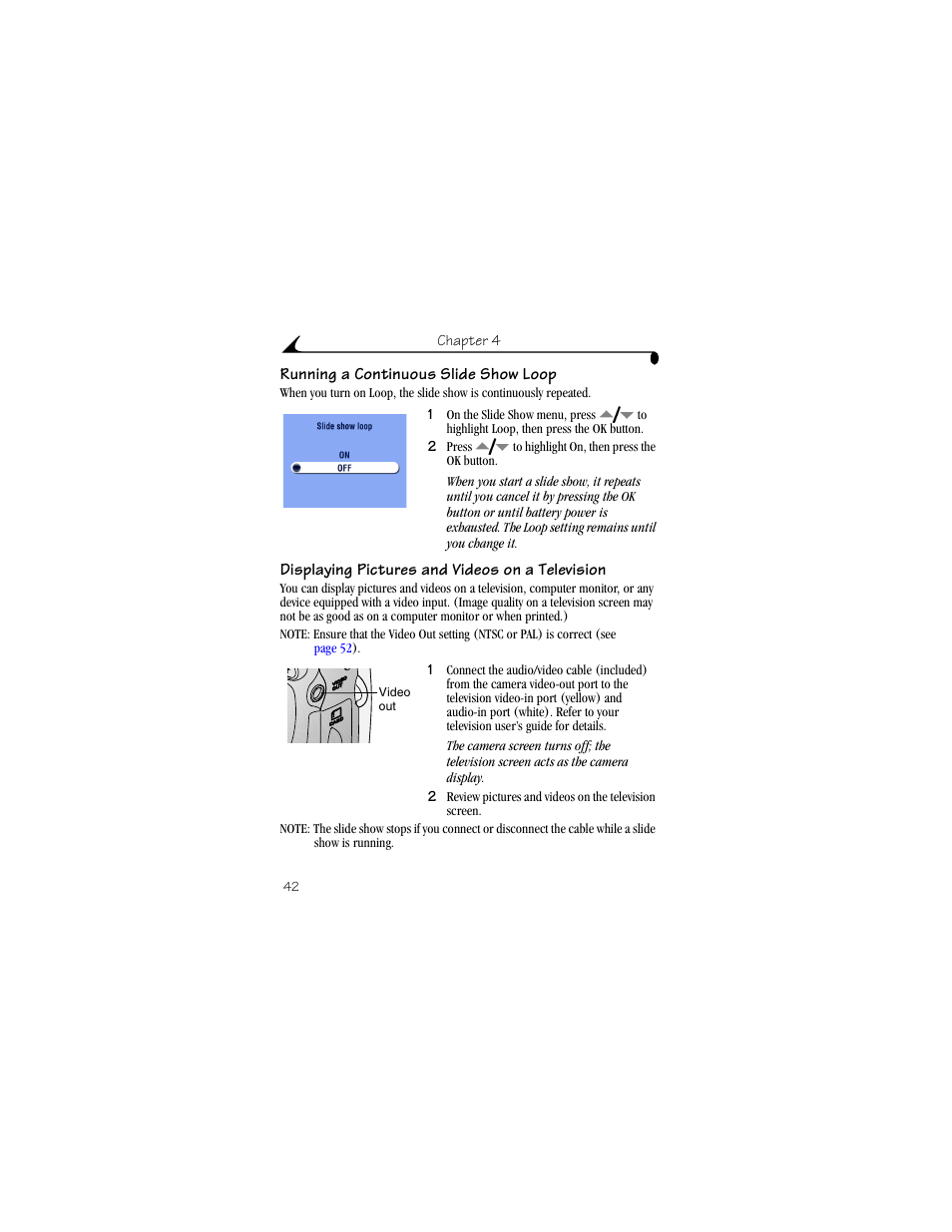 Running a continuous slide show loop, Displaying pictures and videos on a television | Kodak DX4530 User Manual | Page 54 / 117