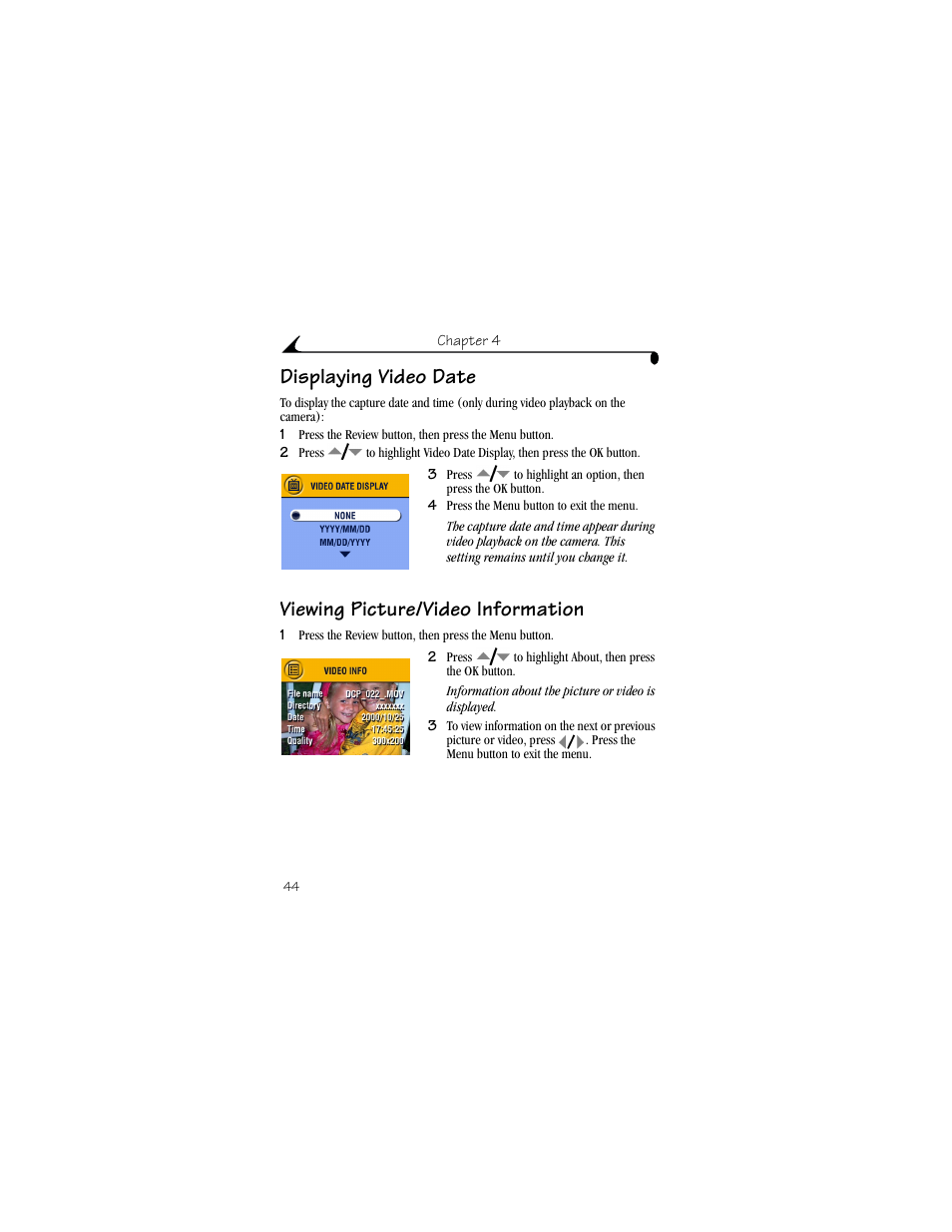 Displaying video date, Viewing picture/video information | Kodak DX4530 User Manual | Page 56 / 117