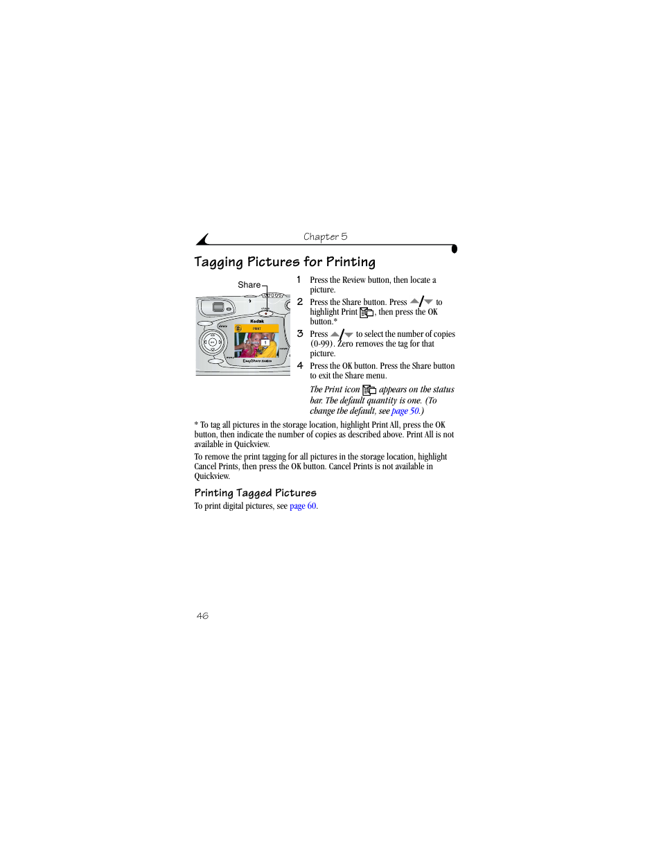 Tagging pictures for printing, Printing tagged pictures | Kodak DX4530 User Manual | Page 58 / 117