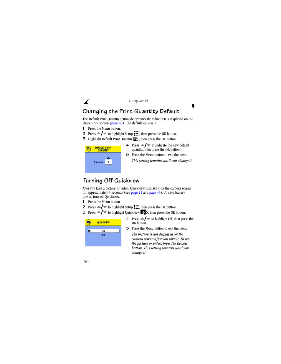 Changing the print quantity default, Turning off quickview | Kodak DX4530 User Manual | Page 62 / 117