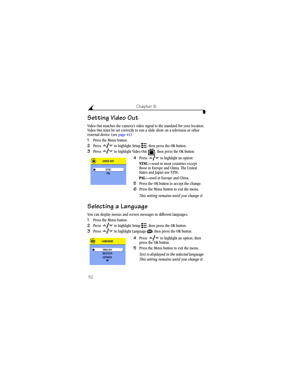 Setting video out, Selecting a language, Setting video out selecting a language | Kodak DX4530 User Manual | Page 64 / 117