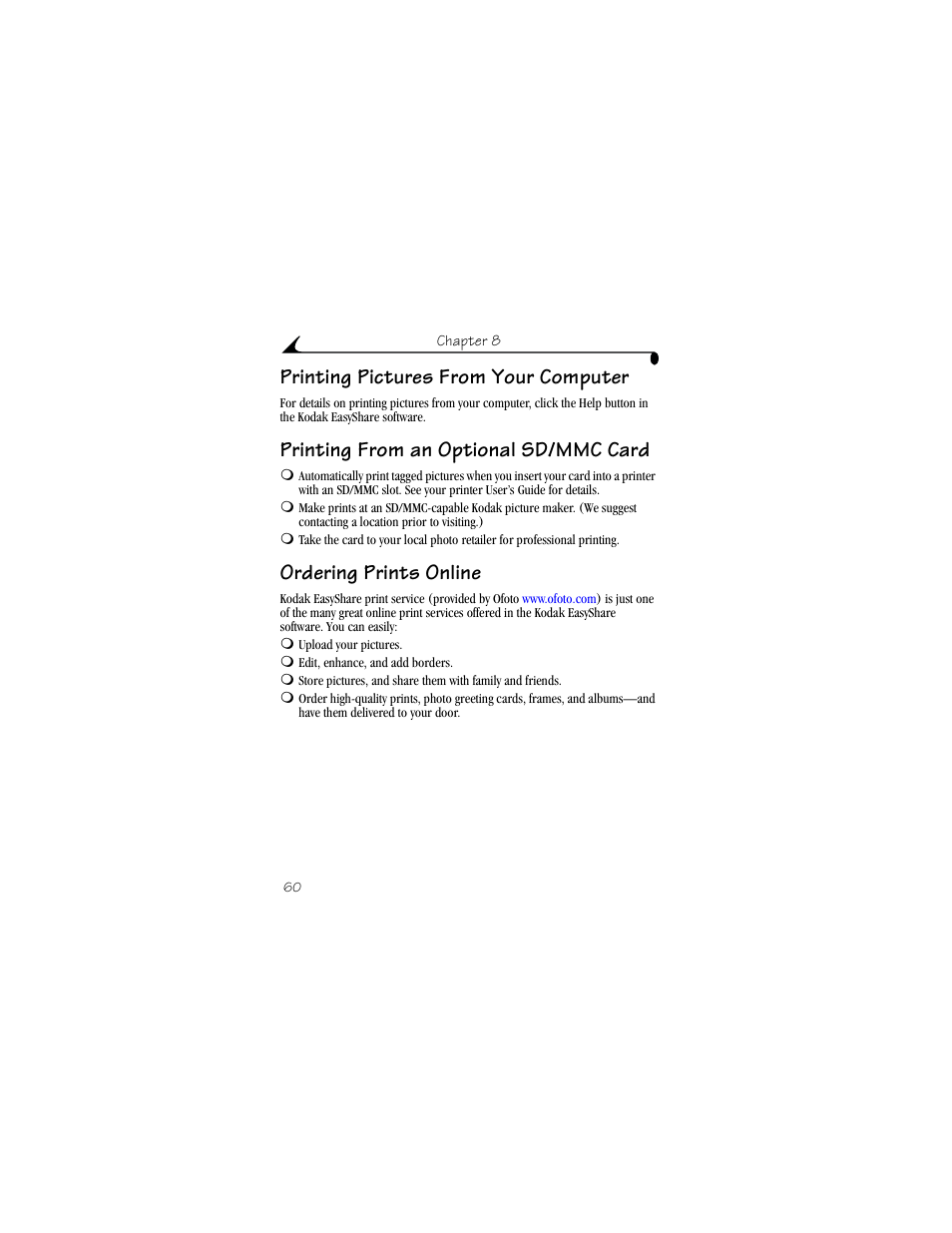 Printing pictures from your computer, Printing from an optional sd/mmc card, Ordering prints online | Kodak DX4530 User Manual | Page 72 / 117