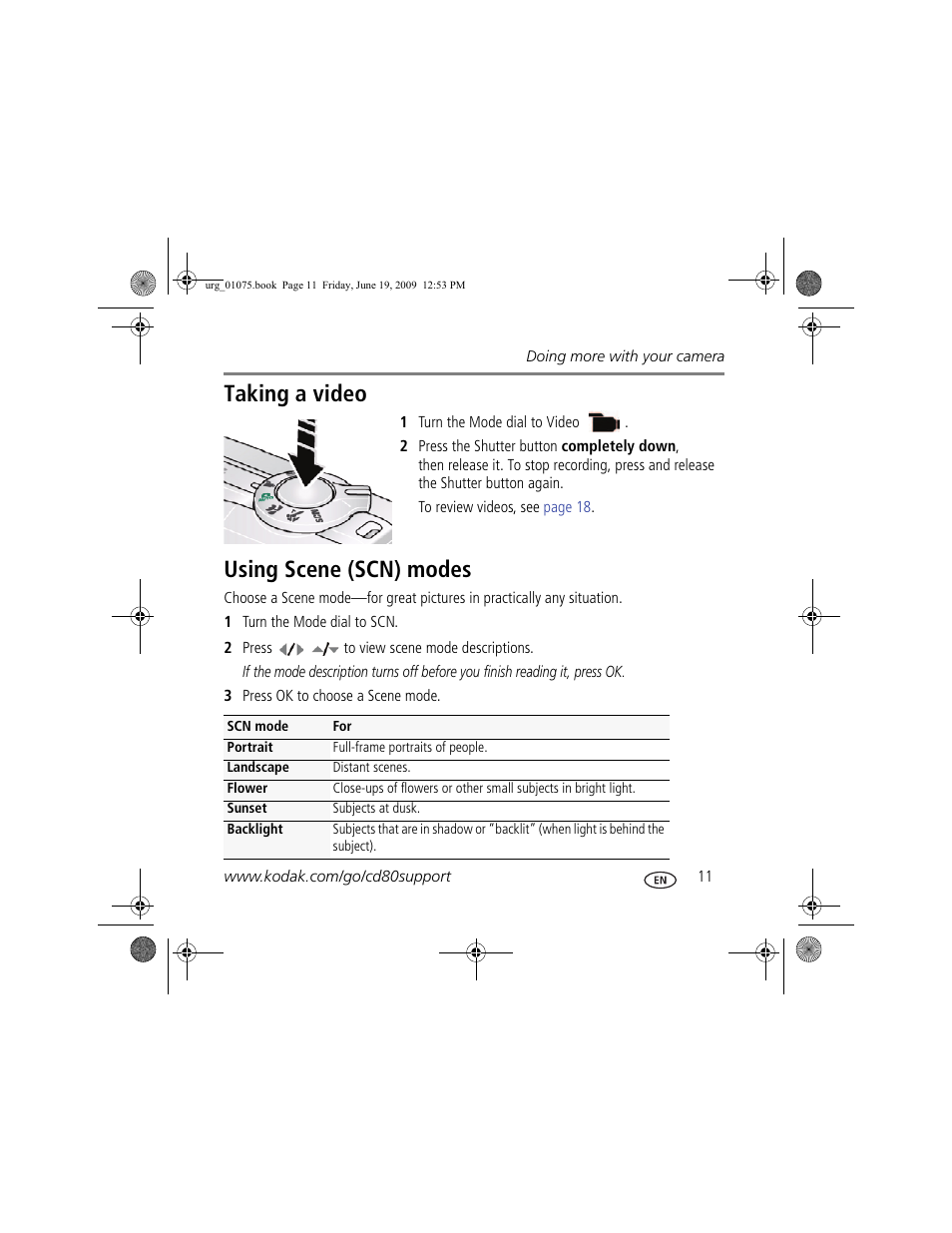 Taking a video, Using scene (scn) modes | Kodak CD80 User Manual | Page 11 / 26