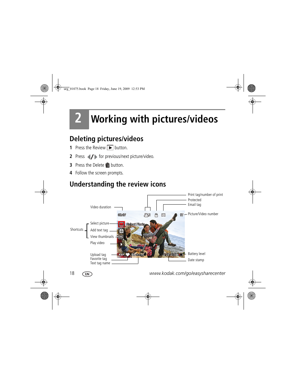 Working with pictures/videos, Deleting pictures/videos, Understanding the review icons | Kodak CD80 User Manual | Page 18 / 26