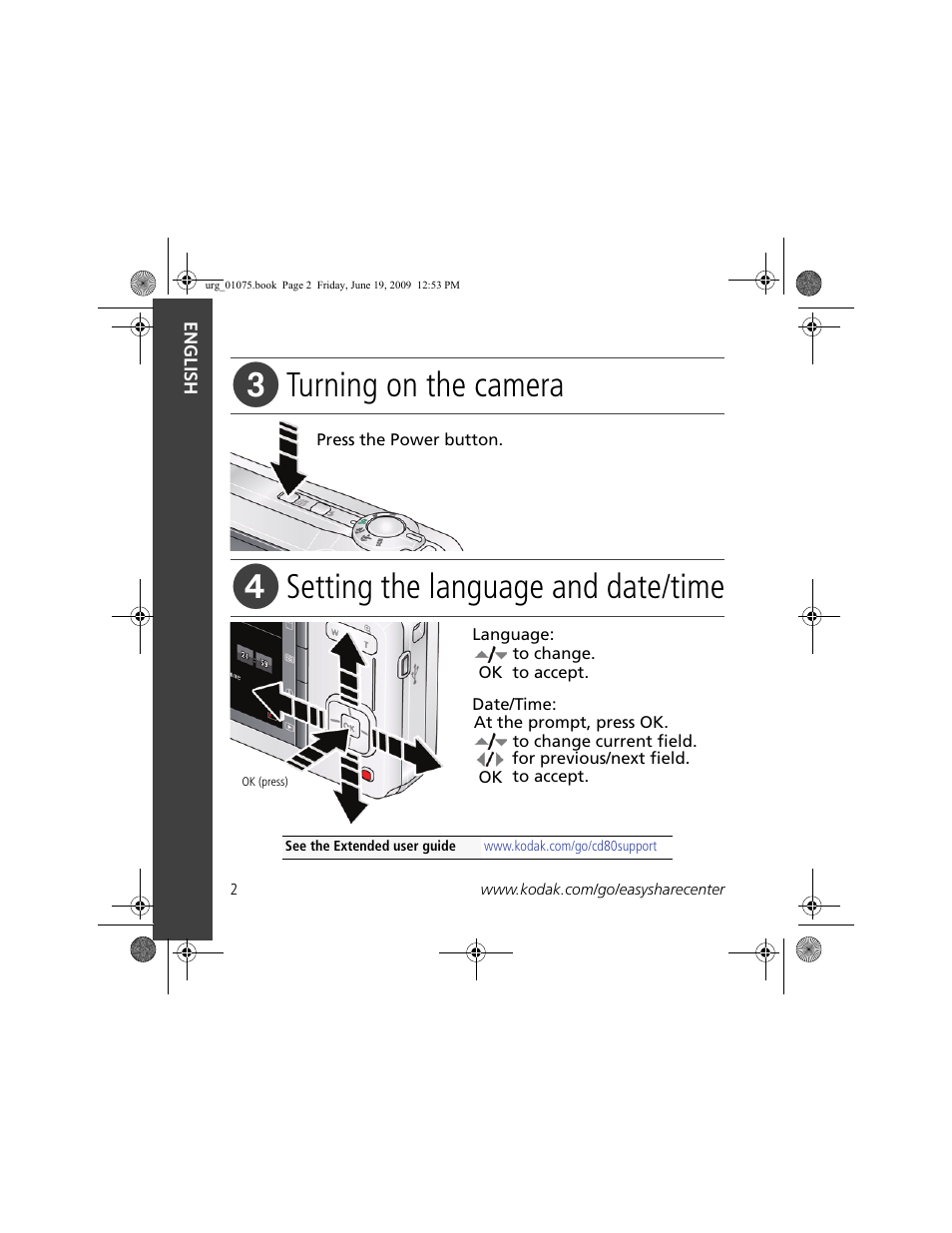 Turning on the camera, Setting the language and date/time | Kodak CD80 User Manual | Page 2 / 26