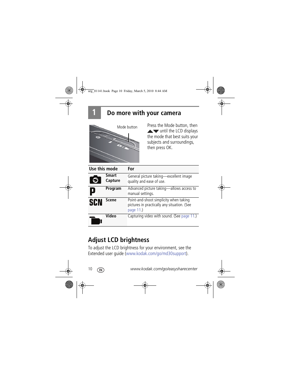 Do more with your camera, Adjust lcd brightness | Kodak MD30 User Manual | Page 10 / 29