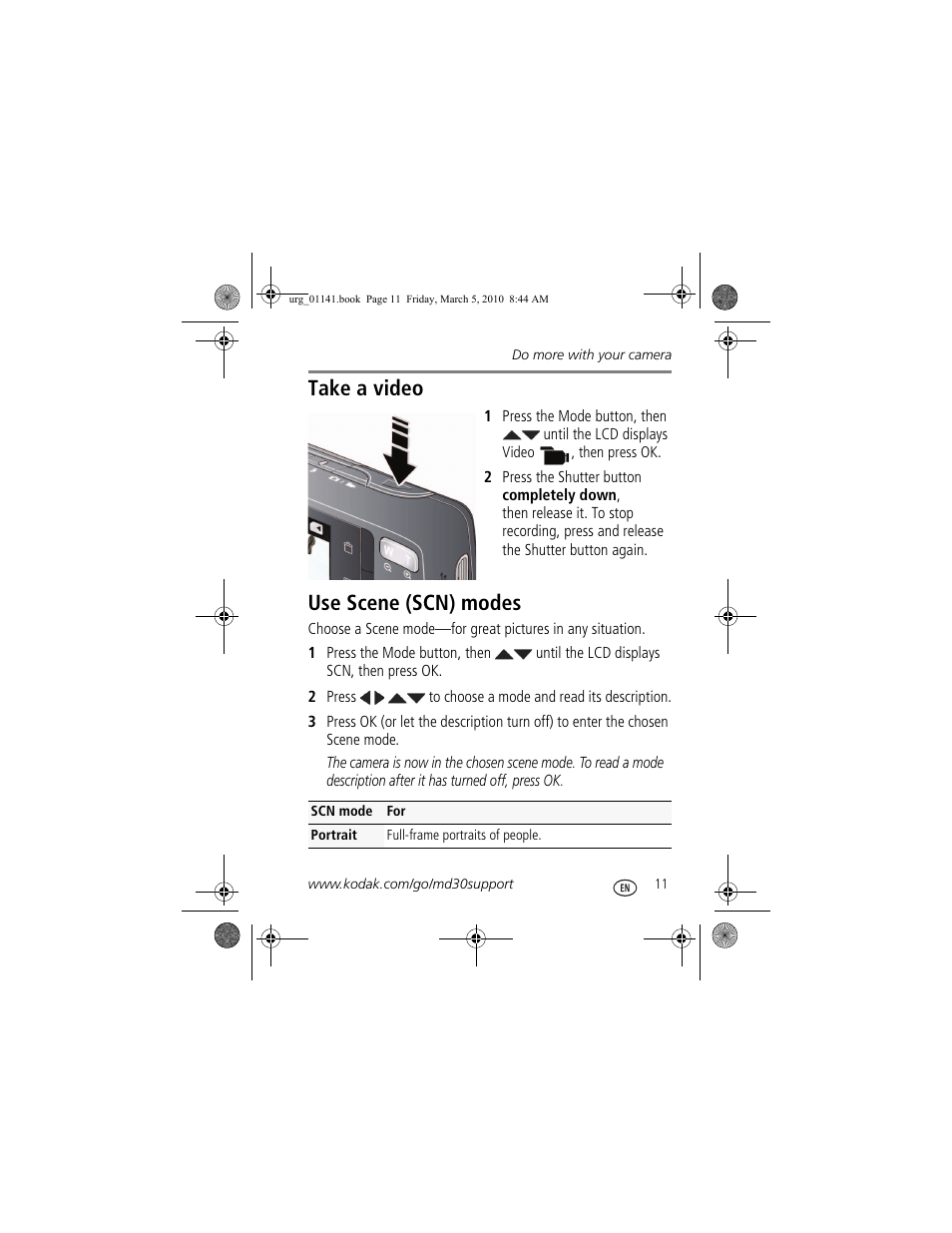 Take a video, Use scene (scn) modes | Kodak MD30 User Manual | Page 11 / 29