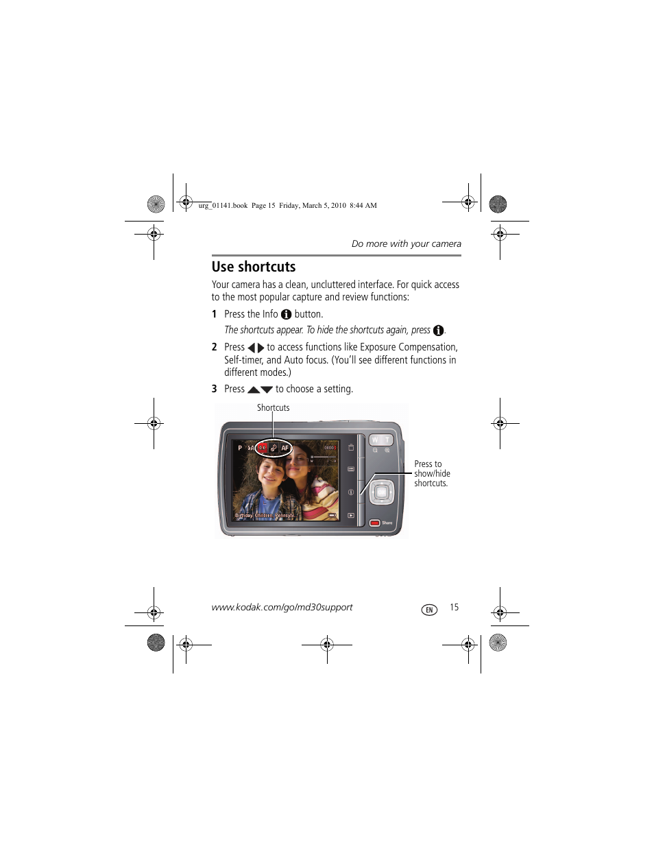 Use shortcuts | Kodak MD30 User Manual | Page 15 / 29