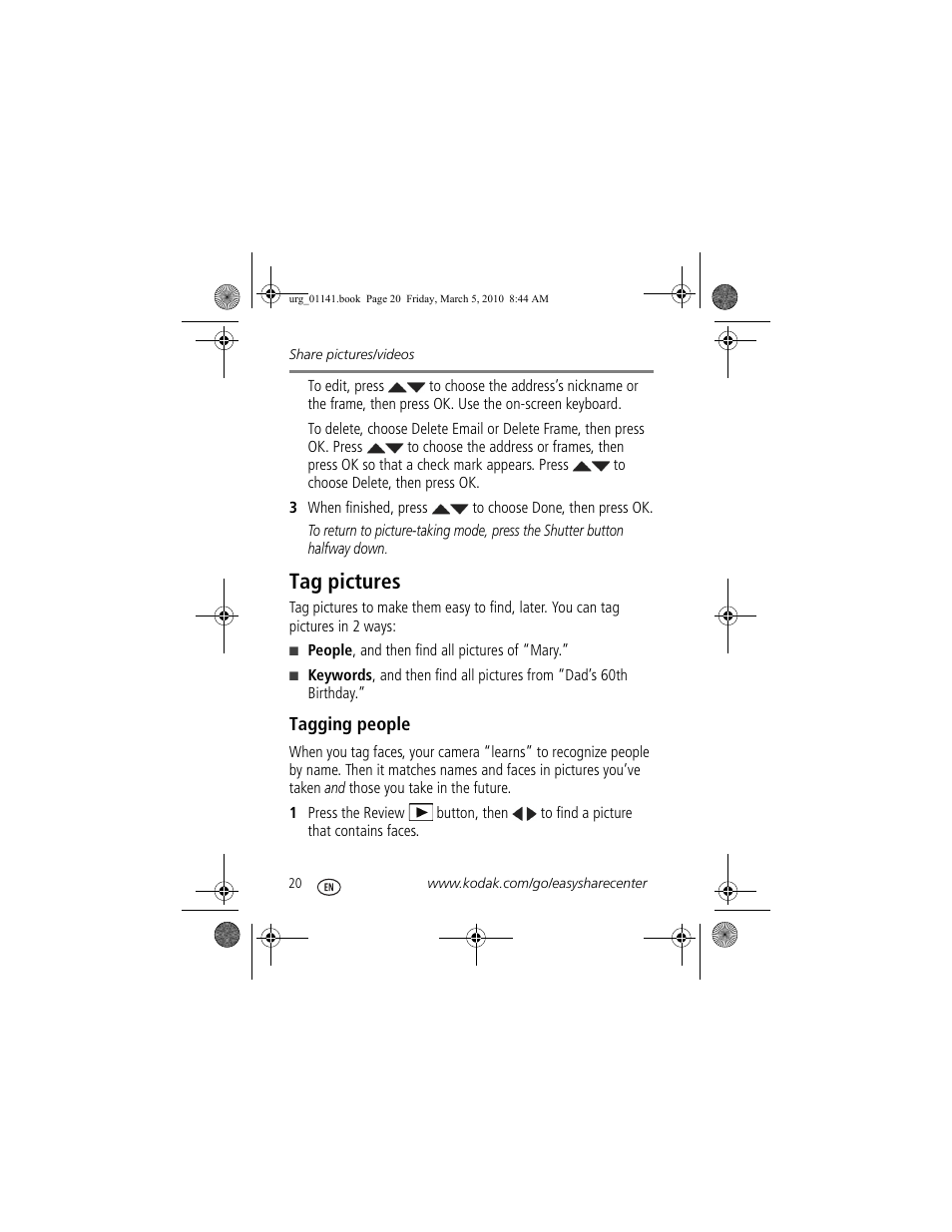 Tag pictures | Kodak MD30 User Manual | Page 20 / 29
