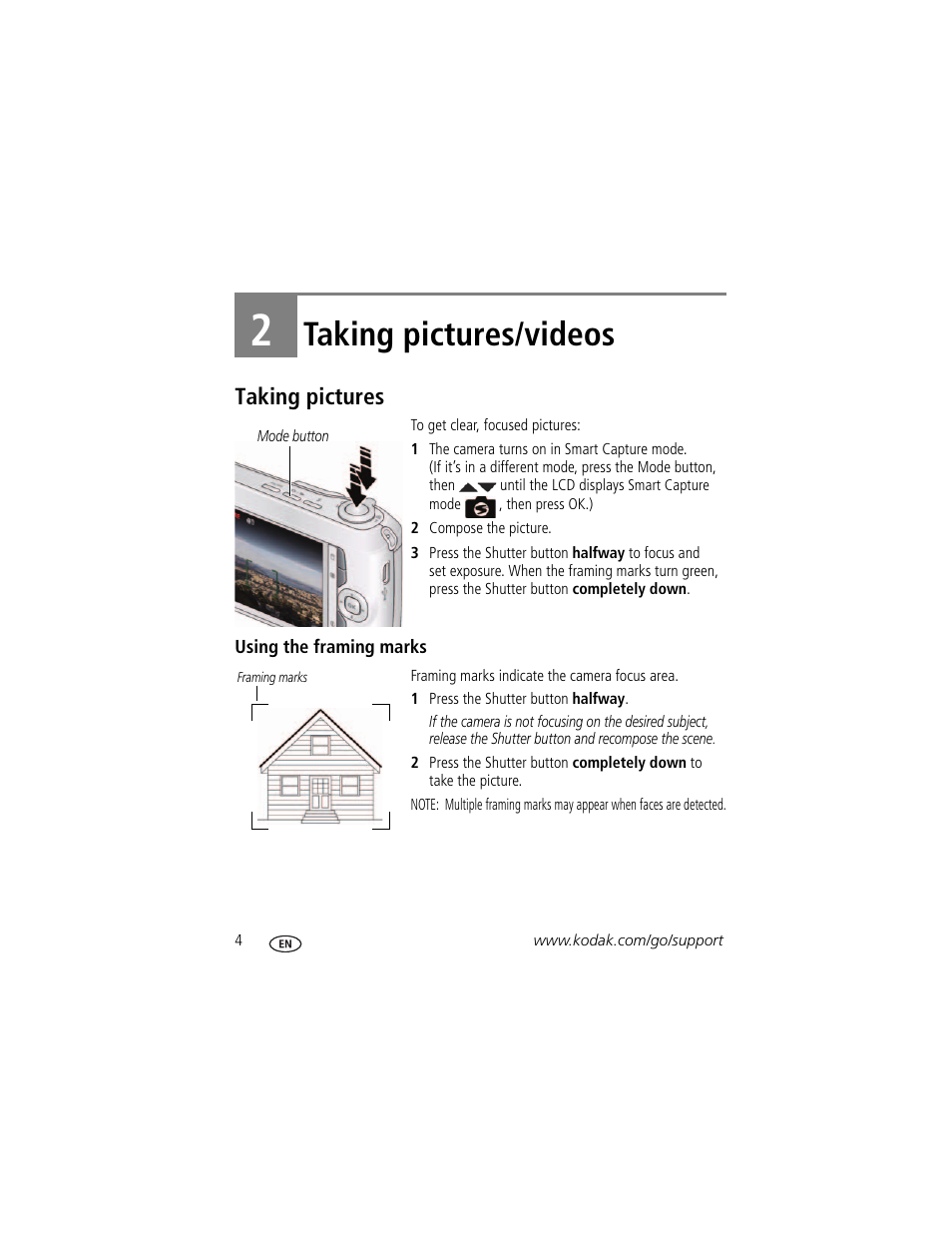 Taking pictures/videos, Taking pictures, Using the framing marks | 2 taking pictures/videos | Kodak C1450 User Manual | Page 10 / 63