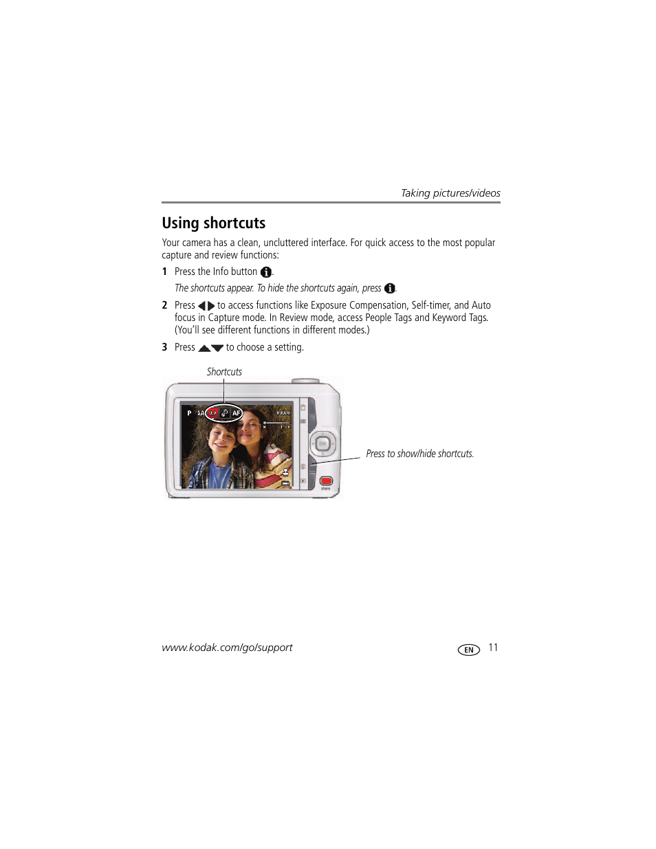 Using shortcuts | Kodak C1450 User Manual | Page 17 / 63