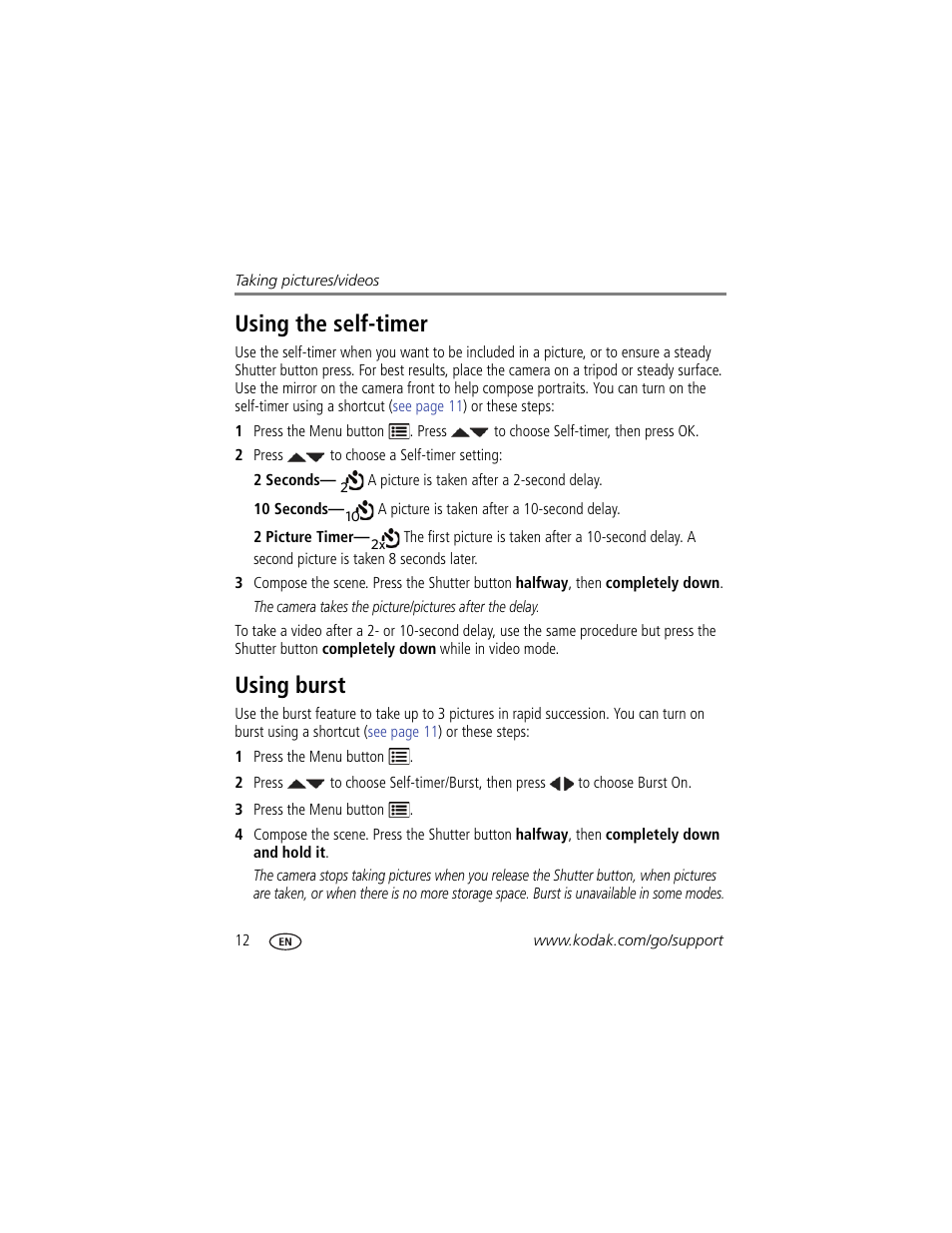 Using the self-timer, Using burst, Using the self-timer using burst | Kodak C1450 User Manual | Page 18 / 63