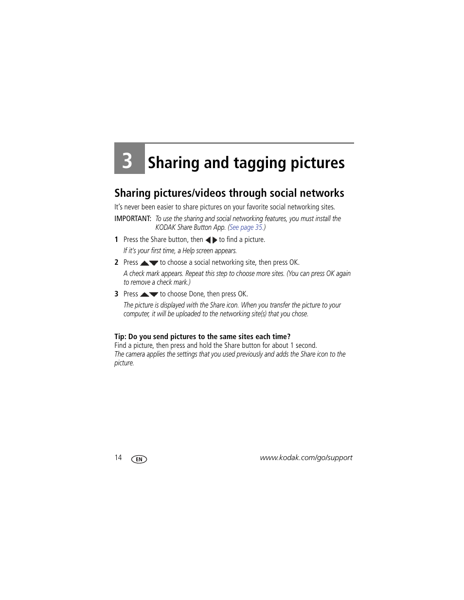Sharing and tagging pictures, Sharing pictures/videos through social networks, 3 sharing and tagging pictures | Kodak C1450 User Manual | Page 20 / 63