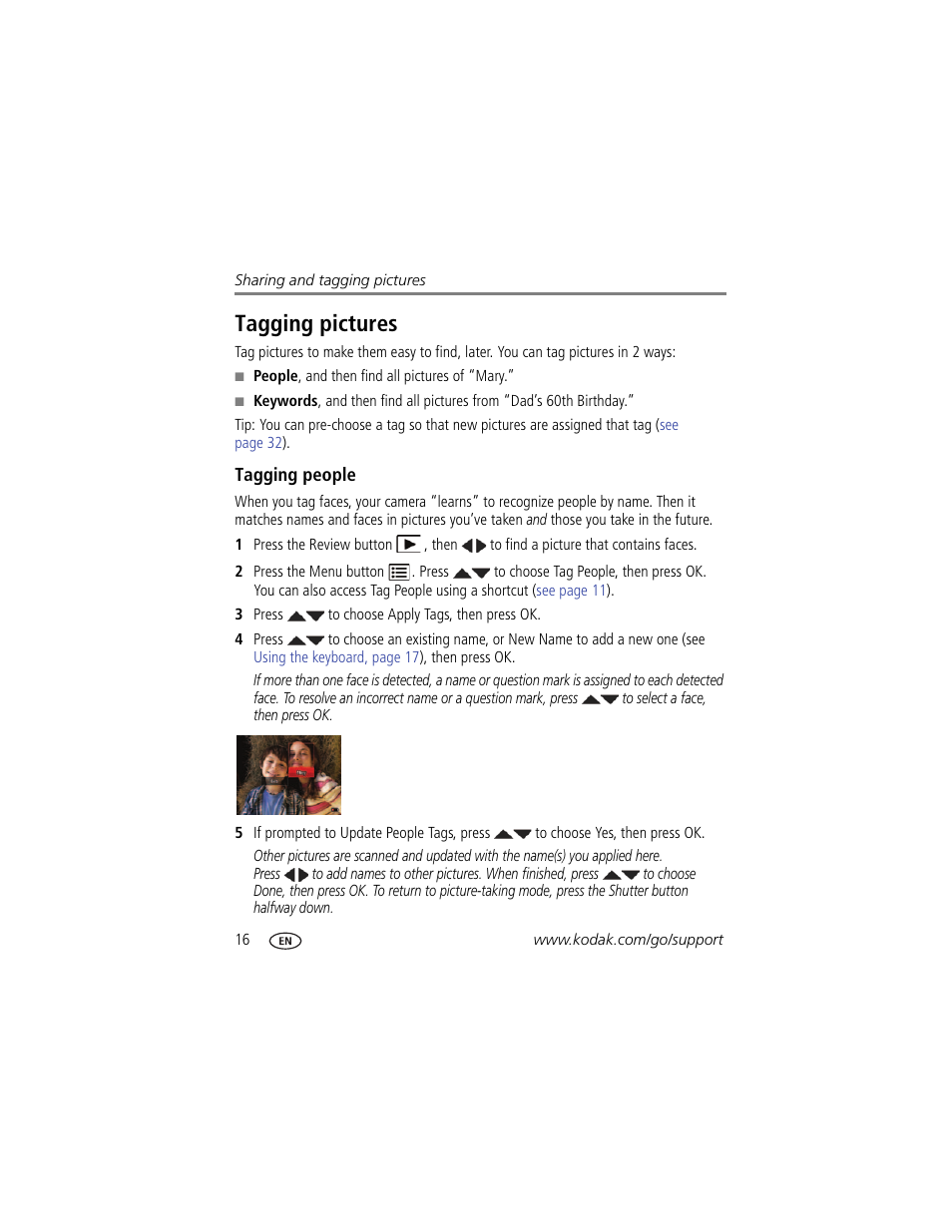 Tagging pictures, Tagging people | Kodak C1450 User Manual | Page 22 / 63