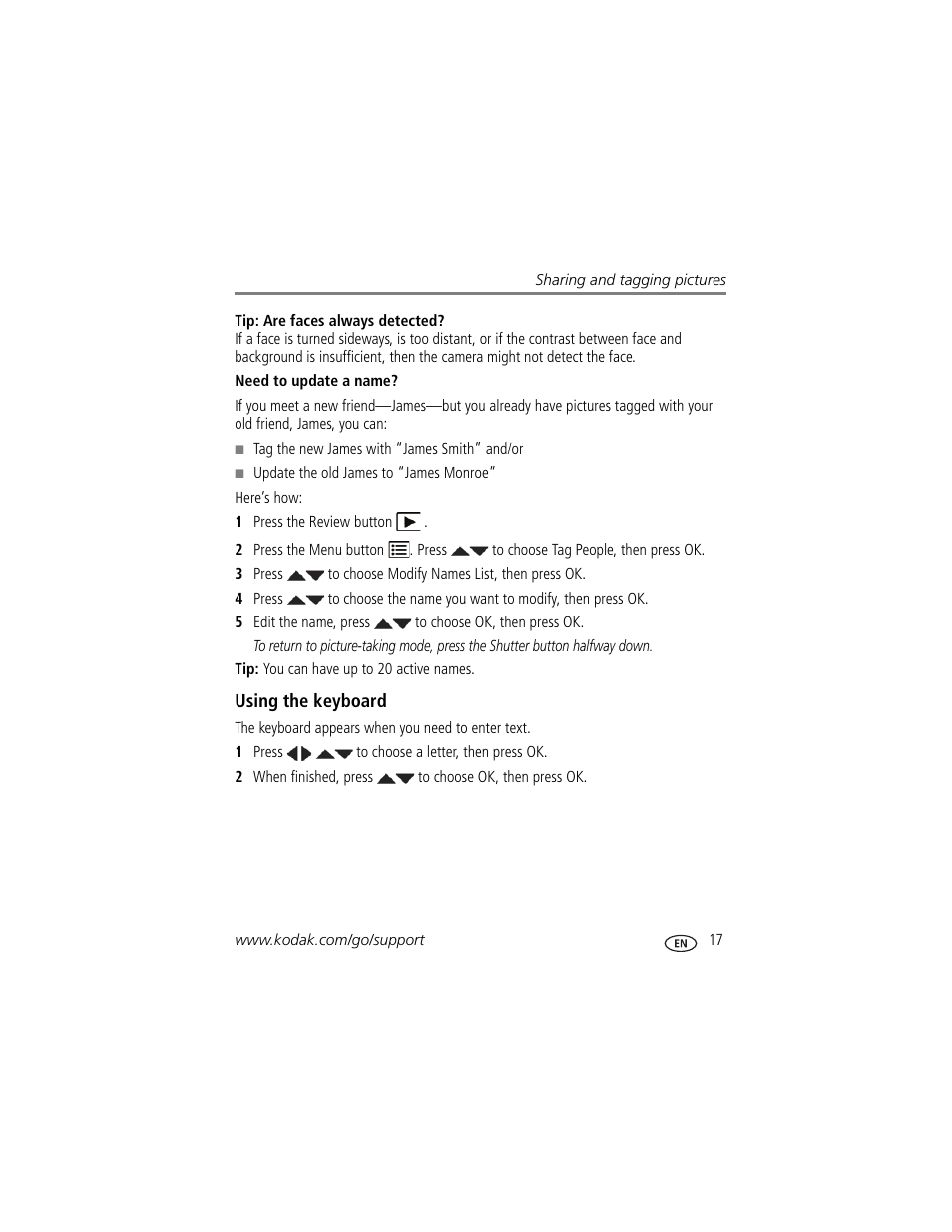 Need to update a name, Using the keyboard, Then pr | Kodak C1450 User Manual | Page 23 / 63